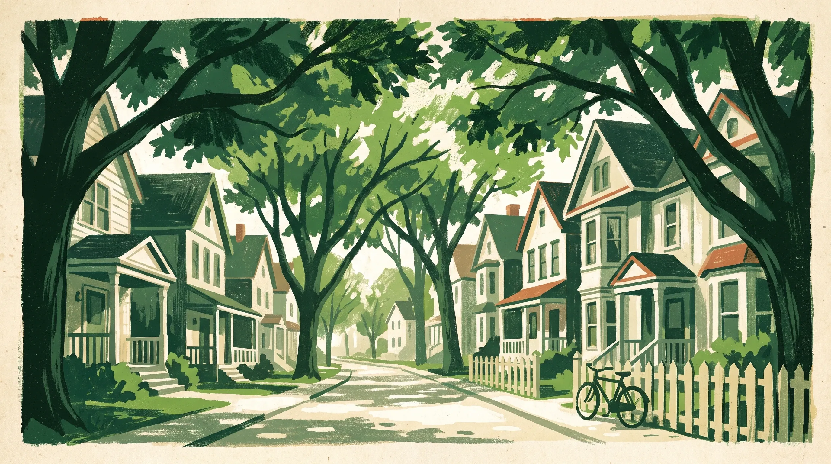 Hand-printed illustration of a tree-lined street of Victorian houses, in the spirit of London's Old South